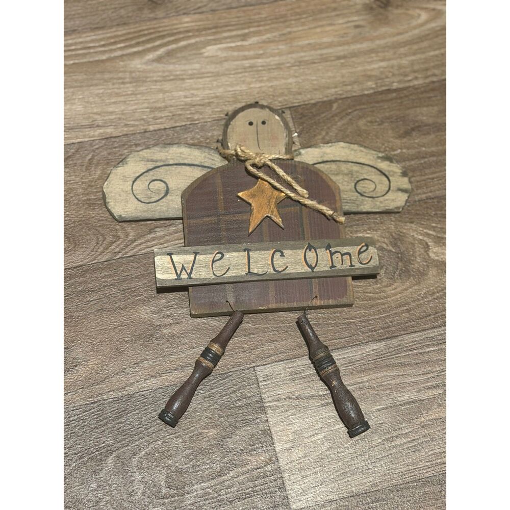 Vintage Primitive Wooden Country Angel Welcome Wall Hanging